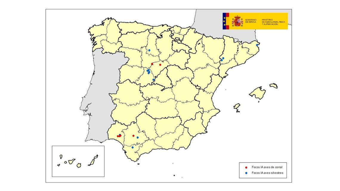 Focos de Influenza Aviar en España en 2022.
