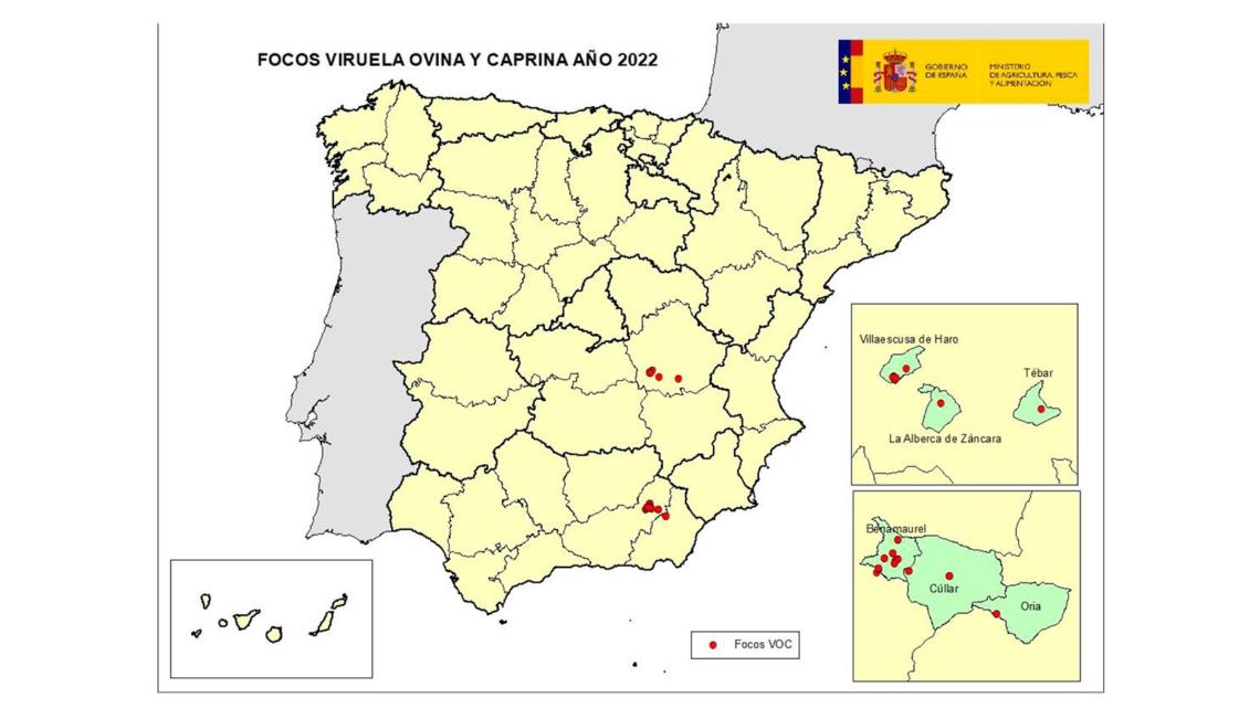 Localización de las explotaciones afectadas por VOC en España.