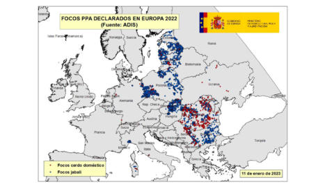 Mapa de los focos de PPA en Europa en 2022.